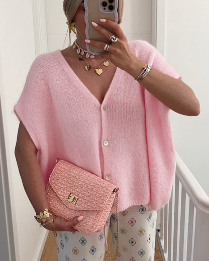 Sleeveless V-Neck Button-Front Sweater Cardigan