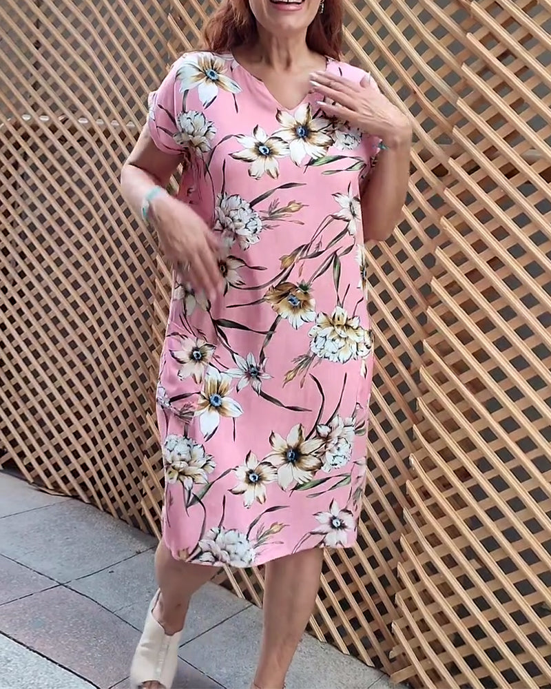 Floral print V-neck short-sleeved dress casual dresses summer