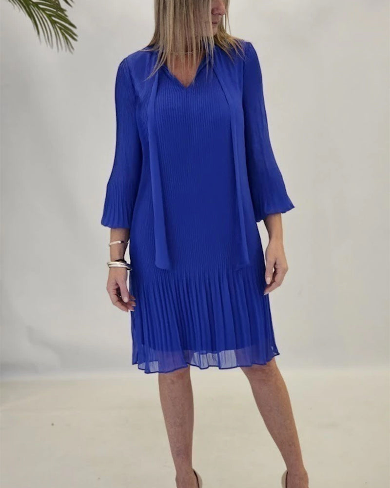 Three-Quarter Sleeve Tie Pleated Dress