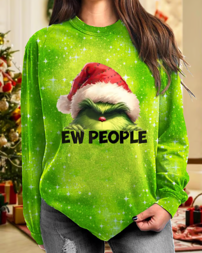 Women's Ew People Christmas Green Furry Monster Print Casual Sweatshirt 2024 F/W Christmas Hoodies & Sweatshirts women's christmas