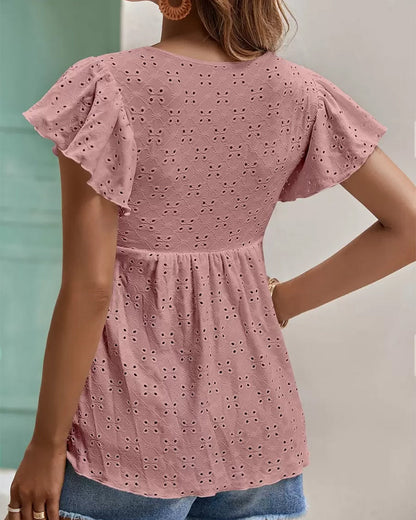 Ruffle Sleeve Tie Hollow Blouse