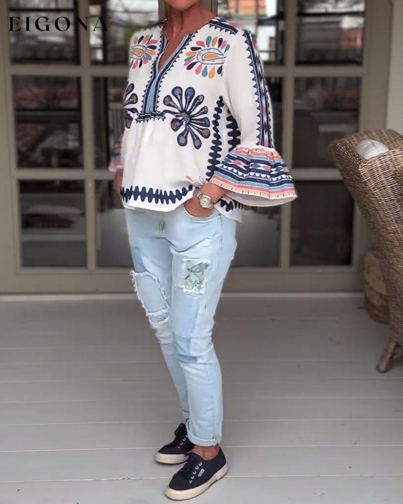 Printed bell sleeve casual top blouses & shirts spring summer