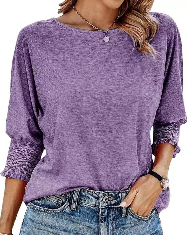 Loose Round Neck Shirred Cuff T Shirt