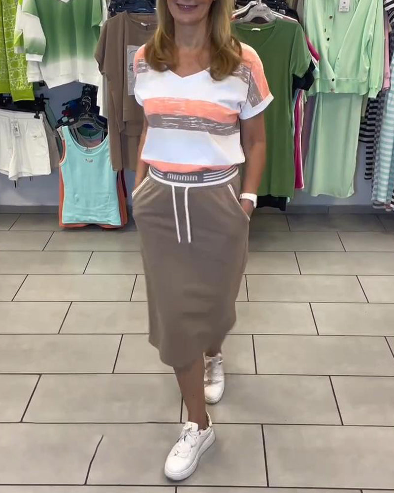 V-Neck Striped Sports Skirt Set