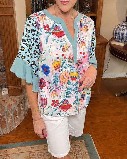 Leopard Print Ruffle Sleeve Blouse