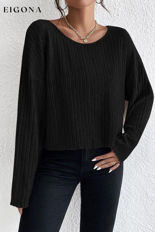 Ribbed Round Neck Drop Shoulder Long Sleeve Top Black clothes long sleeve shirt long sleeve shirts long sleeve top long sleeve tops Ship From Overseas shirt shirts Sweater sweaters SYNZ top tops