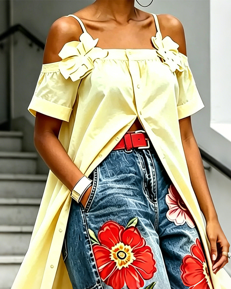 Thin Strap Cold Shoulder Long Long Blouse