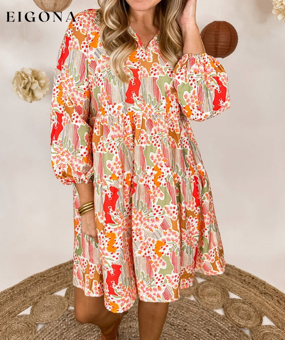 Multicolour Split Neck Puff Sleeve Flowy Printed Dress Best Sellers clothes Color Multicolor Color Orange EDM Monthly Recomend Hot picks Occasion Daily Print Floral Season Spring Silhouette A-Line Style Southern Belle