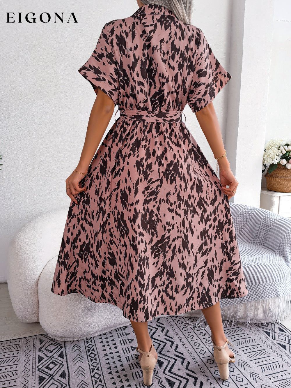 Printed Collared Neck Short Sleeve Tie Waist Dress B.J.S casual dress casual dresses clothes dress dresses midi dress Ship From Overseas short sleeve short sleeve dress