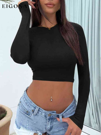 Cropped Round Neck Long Sleeve Top Black clothes Ship From Overseas Y@F@F