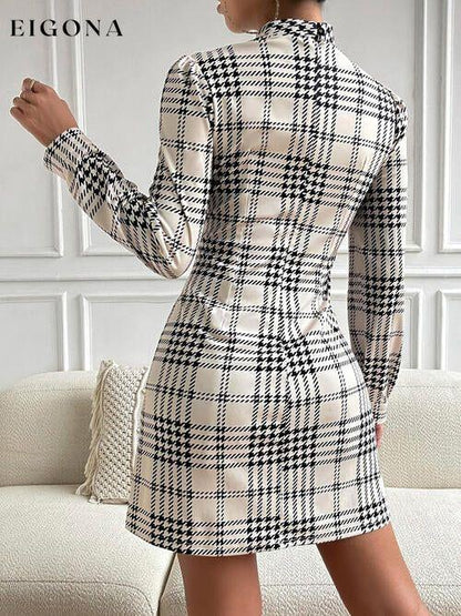 Houndstooth Mock Neck Cinched Casual Long Sleeve Mini Dress casual dresses clothes dress dresses DY long sleeve dress long sleeve dresses Ship From Overseas