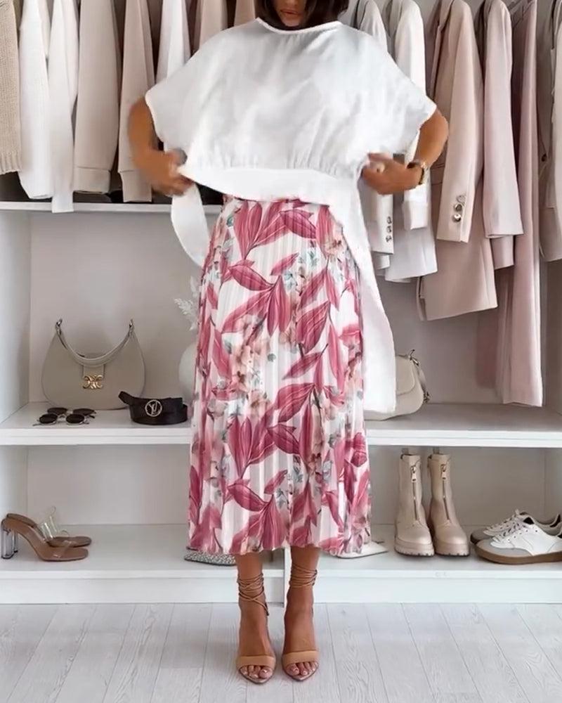 Solid Color Waist Tie Short Sleeve Blouse