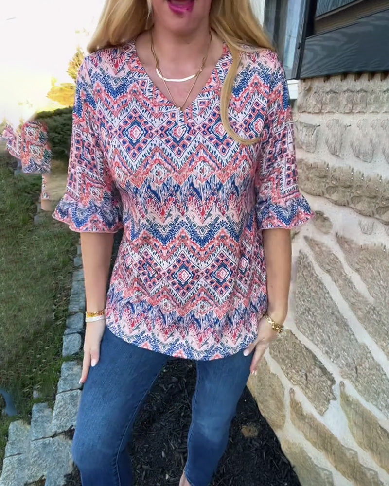 Trumpet Sleeve V-Neck Casual Blouse