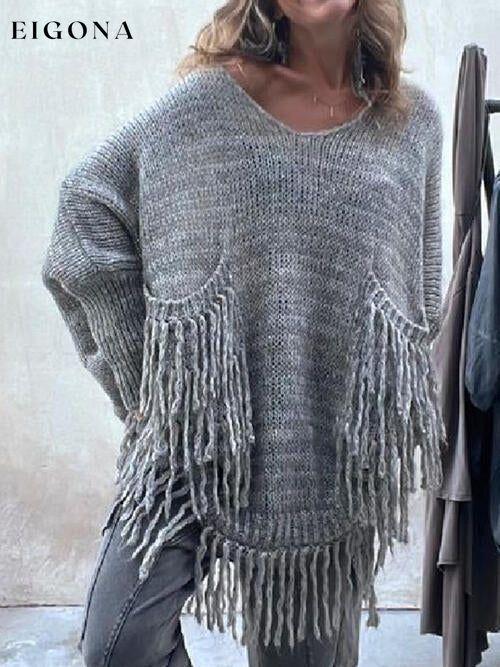 Fringe Detail Long Sleeve Sweater with Pockets Charcoal A@Y@M clothes Ship From Overseas Sweater sweaters Sweatshirt