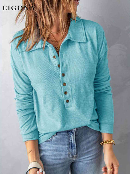 Collared Neck Half Button Top Pastel Blue clothes Ship From Overseas Y@S@M