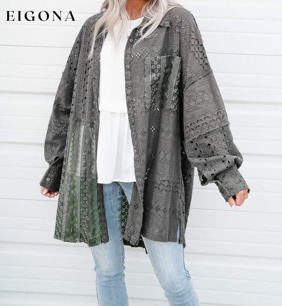 Duffel Green Eyelet Pattern Patchwork Oversized Button Up Shacket All In Stock clothes Craft Embroidery long sleeve shirt long sleeve shirts long sleeve top long sleeve tops Outerwear Print Solid Color Season Fall & Autumn shirt shirts Style Western top tops