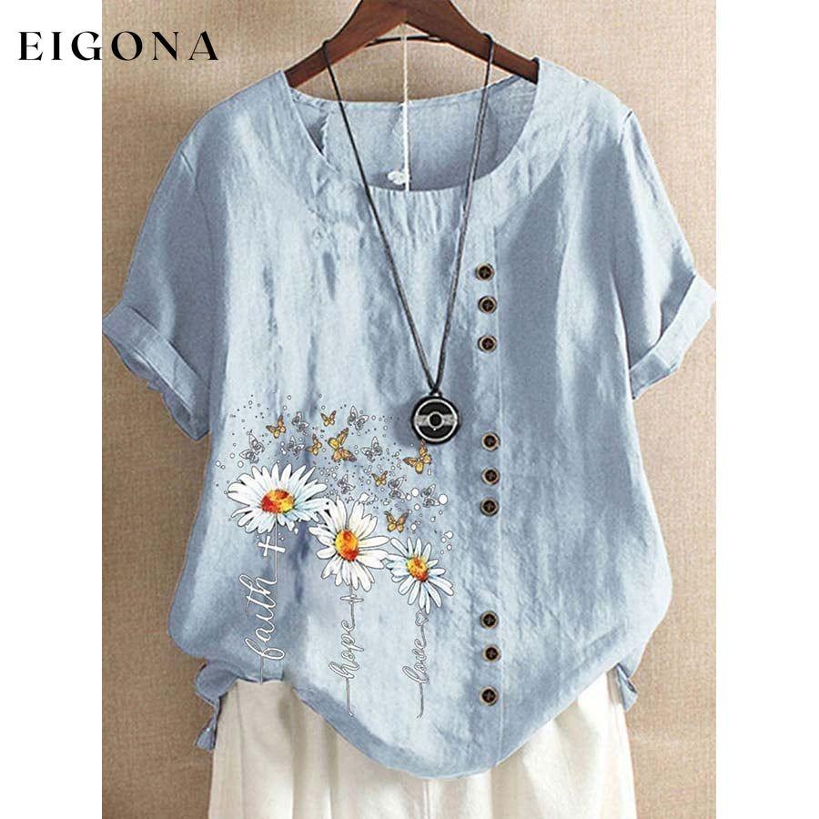 Vintage Cotton Linen Daisy Faith Print Loose Casual Shirt