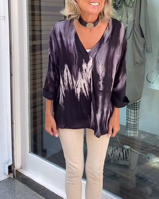 Vintage Bluse mit V-Ausschnitt und Print