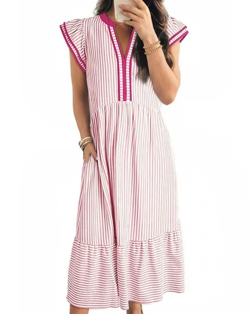 Striped Double Ruffle Short Sleeve Dress