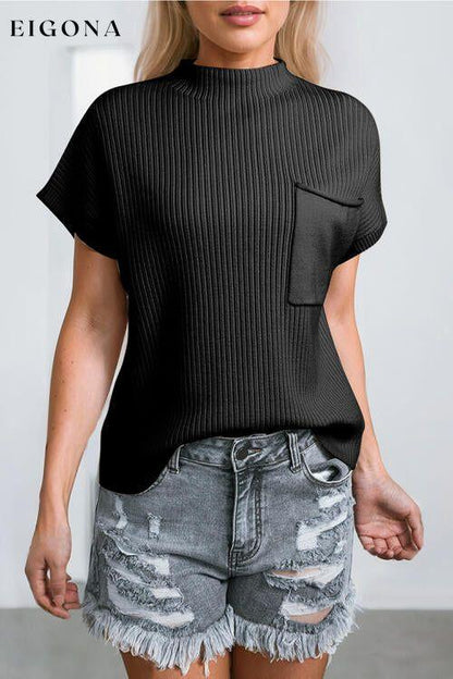 Ribbed Mock Neck Short Sleeve Knit Top clothes Ship From Overseas SYNZ