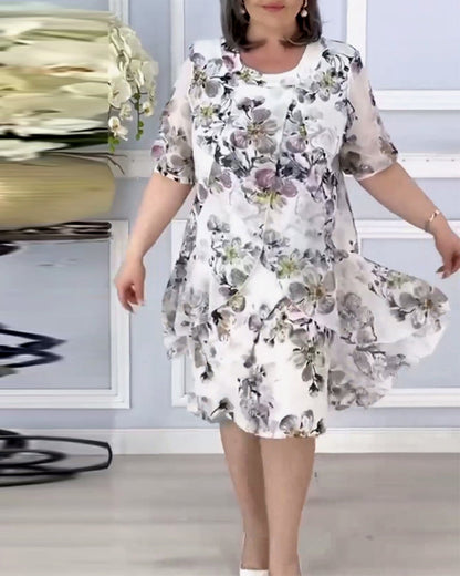 Floral print patchwork double layer elegant dress casual dresses spring summer