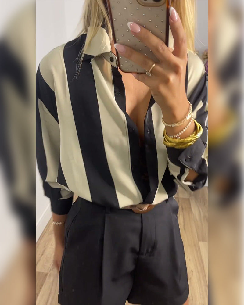 Lapel Long-Sleeved Striped Shirt