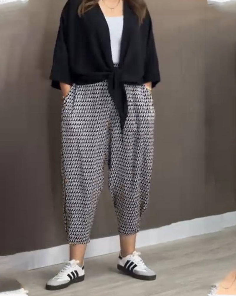 Printed Pocket Casual Cropped Pants