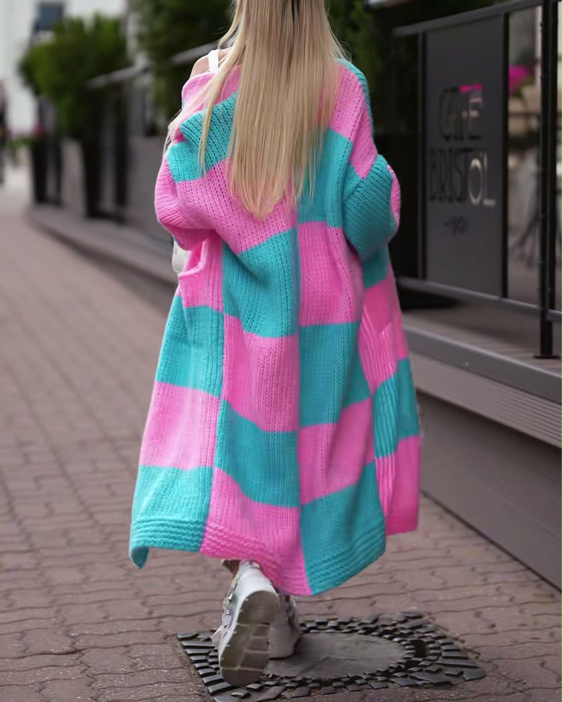 Color-Block Long-Length Sweater Coat