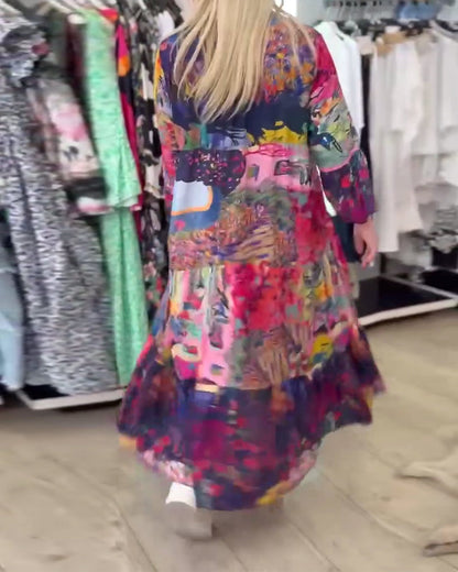 Abito a trapezio con stampa ampia e maniche a tromba