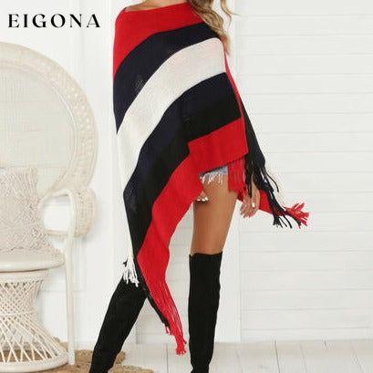 Striped Fringe Trim Poncho Red clothes Romantichut Ship From Overseas