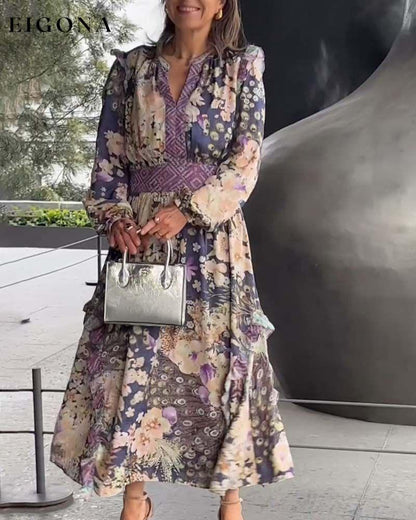 Elegant waisted V-neck floral long dress casual dresses spring summer