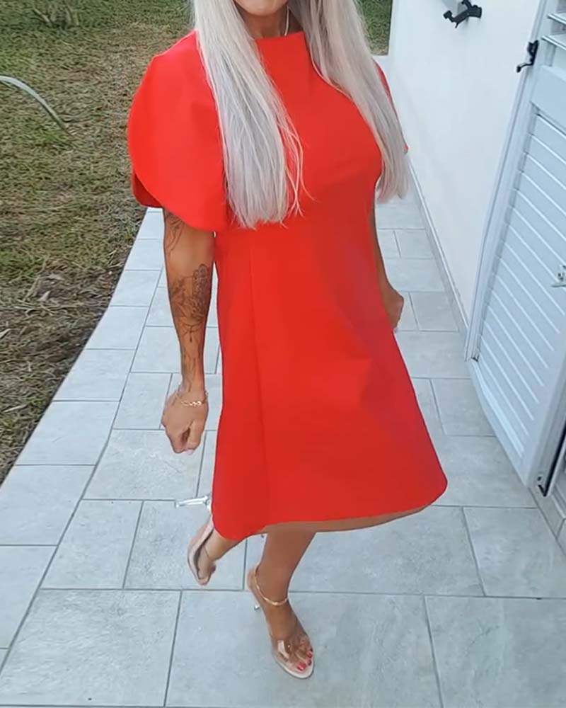 Solid-Color Puff-Sleeve A-Line Dress
