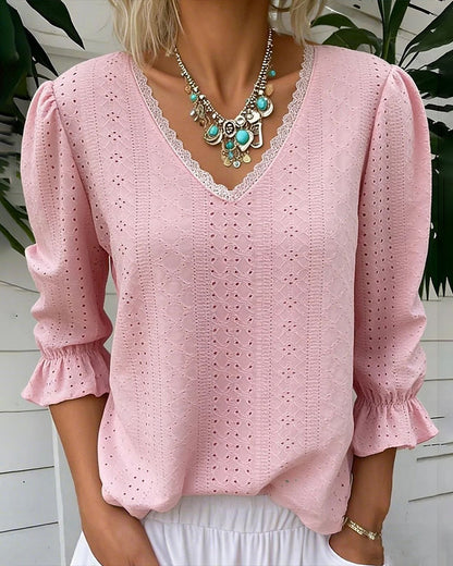 Elegant V-Neck Lace Cut-Out T-Shirt