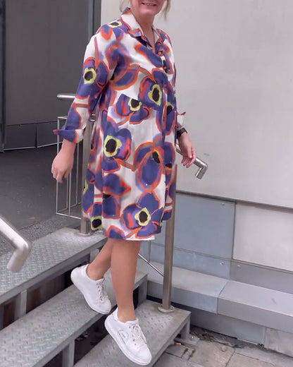 Printed lapel casual long sleeve dress casual dresses spring summer