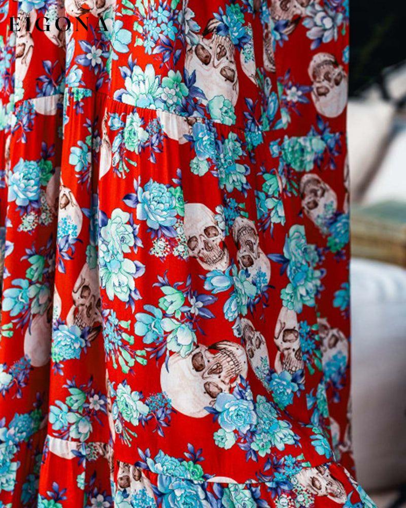 Floral skull print deep V long-sleeve vacation dress spring summer vacation dresses