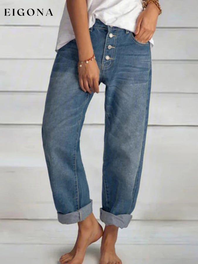 Casual Loose Buttons Pockets Mid Waist Jeans bottom