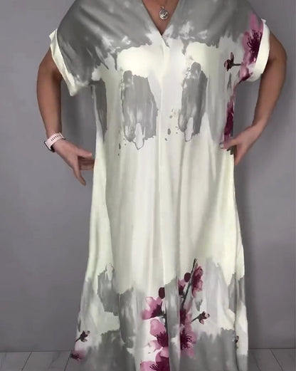 Ink Wash Peach Blossom V-Neck Maxi Dress