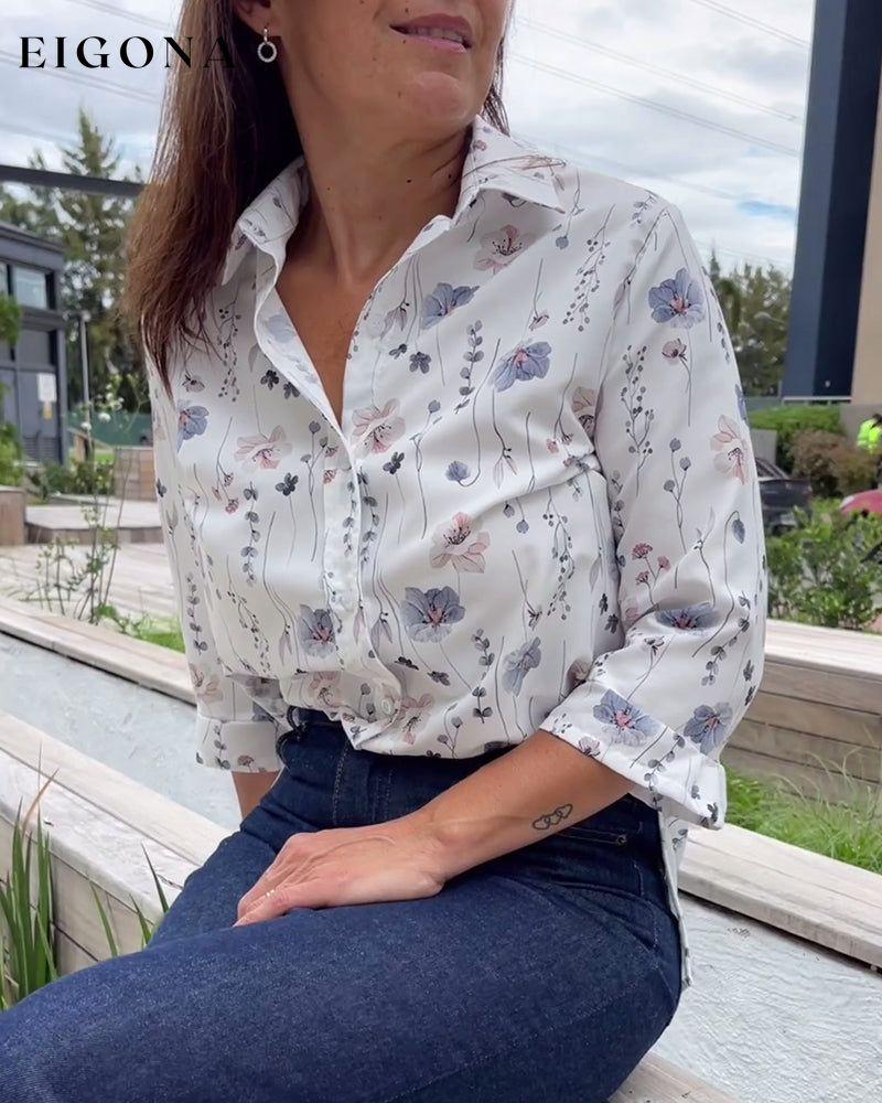 Elegant floral print lapel three-quarter sleeve shirt blouses & shirts Spring Summer