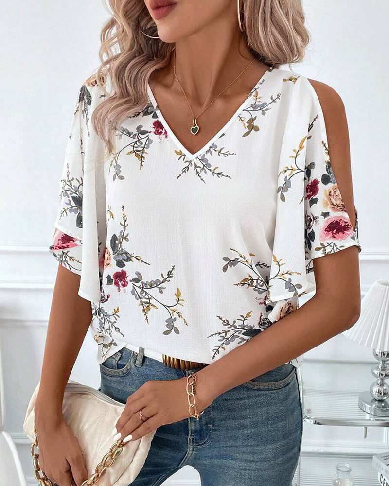 V-Neck Off-Shoulder Printed Blouse