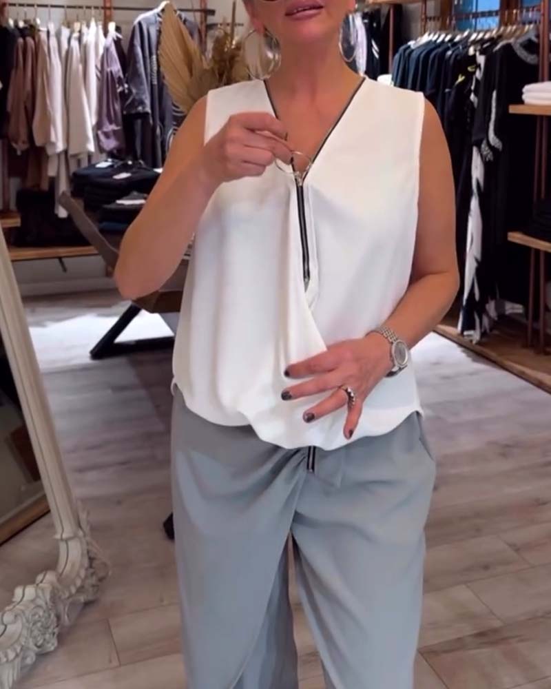 Sleeveless Half Zip Solid Color Tank Top