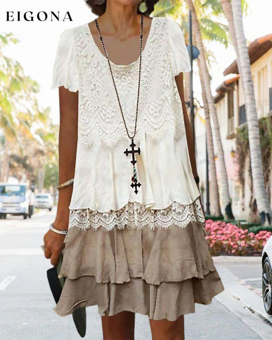Round neck color block lace dress White 23BF Casual Dresses Clothes Dresses SALE Spring Summer