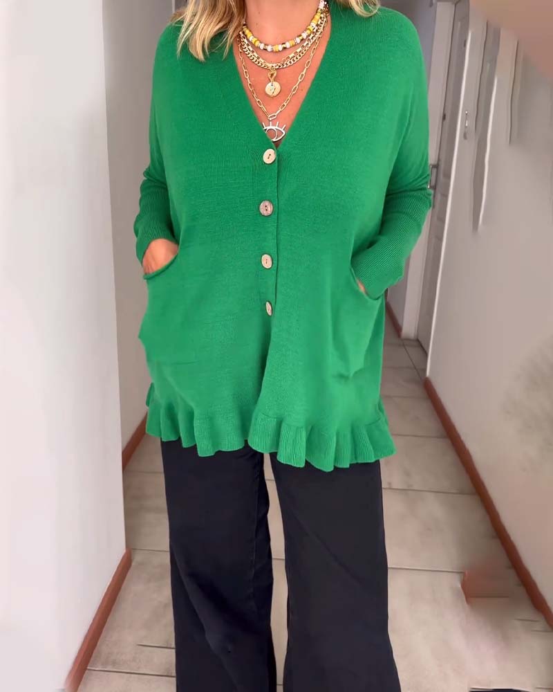 Solid color ruffle pocket v-neck cardigan 2024 f/w cardigans