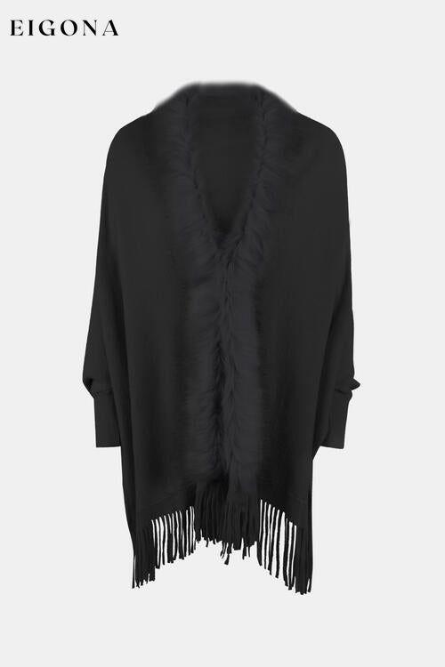 Fringe Open Front Long Sleeve Poncho Black One Size clothes Drizzle Ship From Overseas sweaters