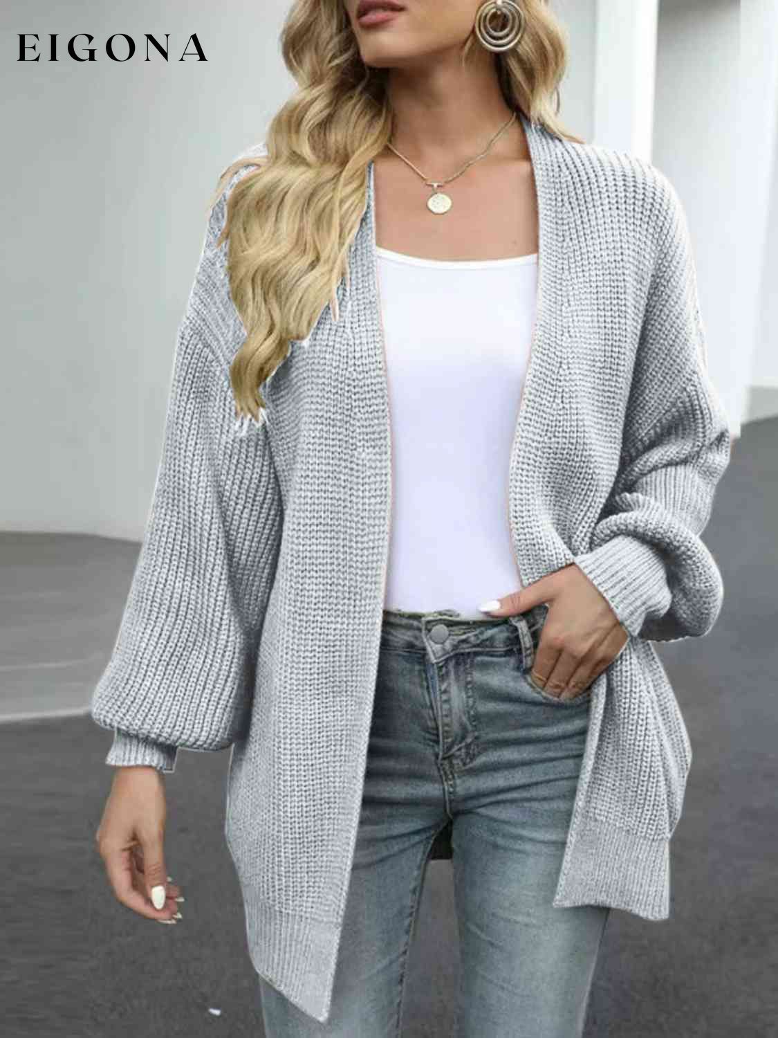 Drop Shoulder Balloon Sleeve Cardigan Heather Gray cardigan cardigans clothes Ship From Overseas Shipping Delay 10/01/2023 - 10/02/2023 sweater sweaters Y*X