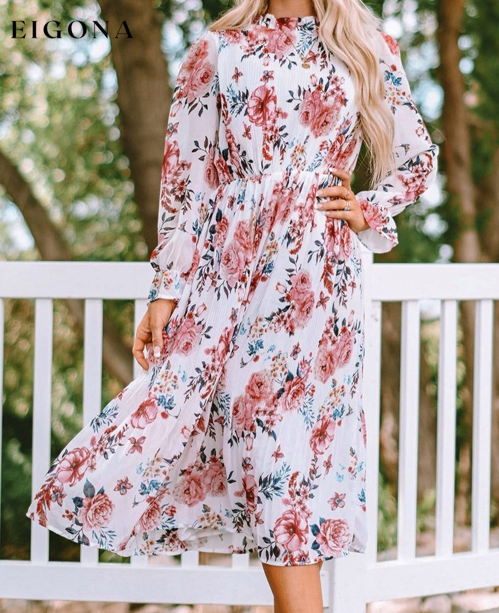 Beige Floral Print Puffy Sleeve Ruffled Midi Dress All In Stock clothes Color Pink DL Chill Out DL Exclusive dress dresses long dress long dresses Occasion Vacation Print Floral Season Spring Sleeve Puff sleeve Style Bohemian