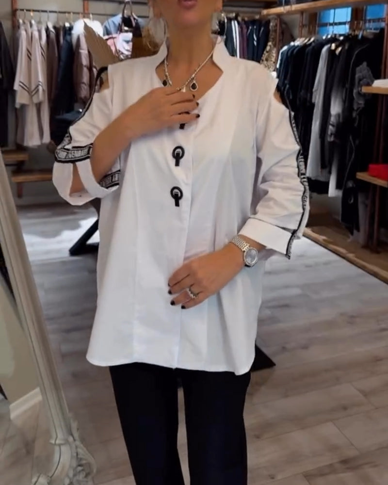 Off-The-Shoulder Contrast Long-Sleeved Blouse