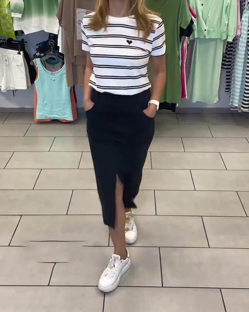 Round Neck Striped Slit Skirt Set
