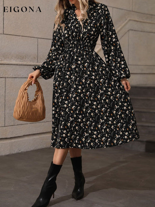 Printed Smocked Waist Notched Neck Midi Dress Black clothes Hanny Ship From Overseas Shipping Delay 09/29/2023 - 10/04/2023 trend