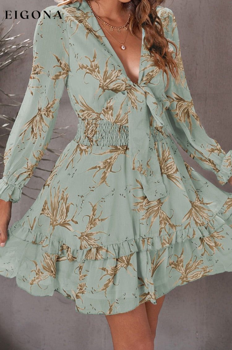 Floral Deep V Flounce Sleeve Mini Dress clothes dress dresses long sleeve dresses Ship From Overseas short dresses SYNZ trend trendy