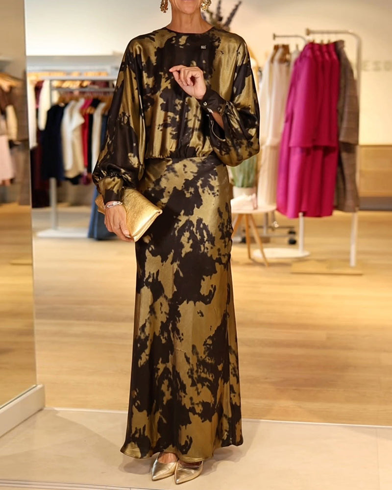 Elegant Printed Long-Sleeved Dress